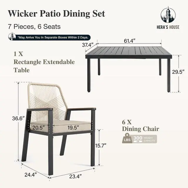 Alt view image 6 of 7 - HERA'S HOUSE 7pc Patio Dining Set, Extendable Metal Table, Rattan Chairs | 61-84" rectangular table, 6 wicker cushioned chairs. Waterproof, rust-resistant, all-weather for backyard, porch
