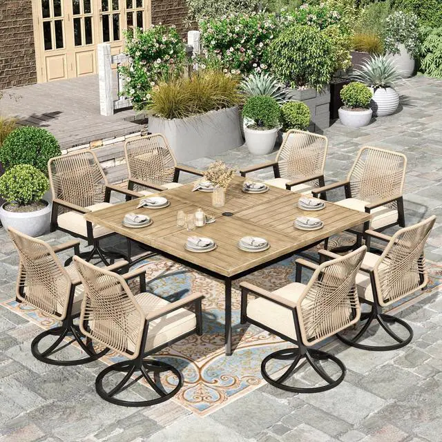 Main image of HERA'S HOUSE 9pc Patio Dining Set, 57.5" Metal Table & Swivel Rattan Chairs | Square Wood-look table with umbrella hole, cushioned chairs. Waterproof, rust-resistant, all-weather for backyard, porch.