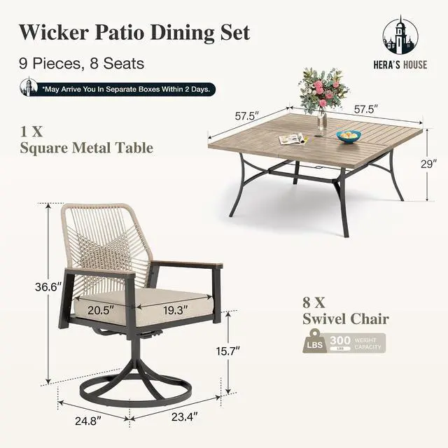 Alt view image 5 of 7 - HERA'S HOUSE 9pc Patio Dining Set, 57.5" Metal Table & Swivel Rattan Chairs | Square Wood-look table with umbrella hole, cushioned chairs. Waterproof, rust-resistant, all-weather for backyard, porch.