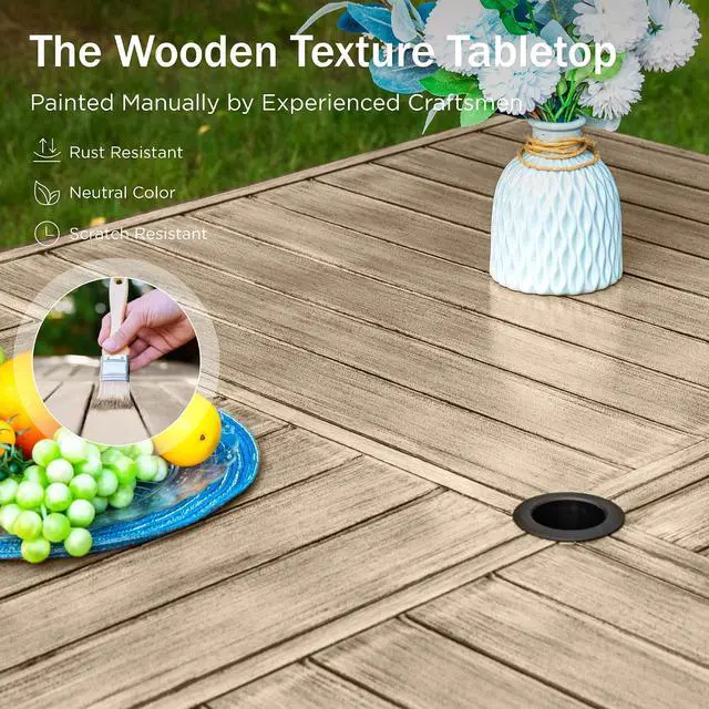 Alt view image 3 of 7 - HERA'S HOUSE 9pc Patio Dining Set, 57.5" Metal Table & Swivel Rattan Chairs | Square Wood-look table with umbrella hole, cushioned chairs. Waterproof, rust-resistant, all-weather for backyard, porch.