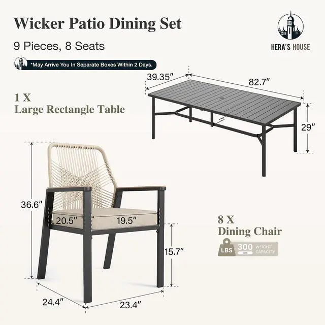 Alt view image 6 of 7 - HERA'S HOUSE 9pc Patio Dining Set, Outdoor 83" Metal Table & Rattan Chairs | Rectangle table with umbrella hole, 8 cushioned chairs. Waterproof, rust-resistant, all-weather for backyard, porch.