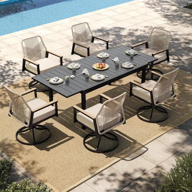 Main image of HERA'S HOUSE Swivel Patio Dining Set, Extendable Metal Table, Rattan Chairs | 61-84" rectangular table, 6 wicker cushioned chairs. Waterproof, rust-resistant, all-weather for backyard, porch