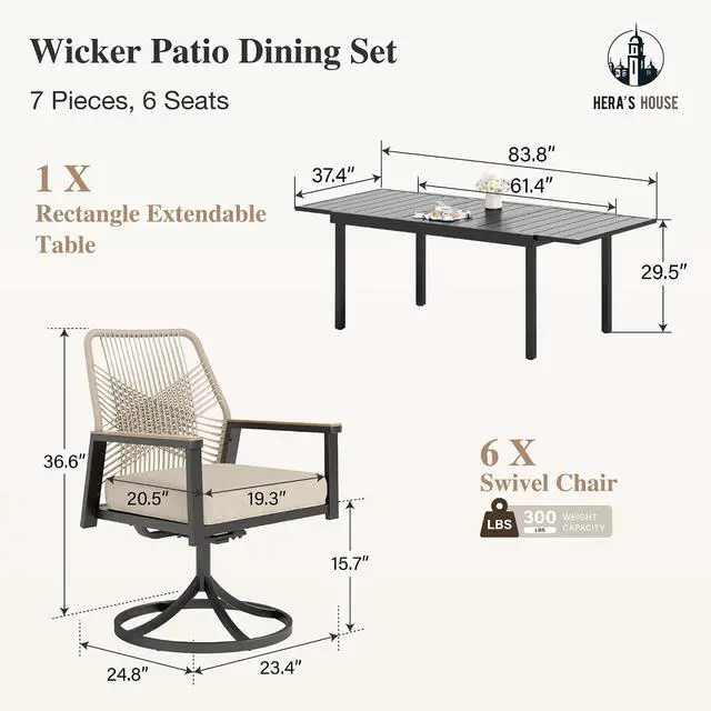 Alt view image 6 of 7 - HERA'S HOUSE Swivel Patio Dining Set, Extendable Metal Table, Rattan Chairs | 61-84" rectangular table, 6 wicker cushioned chairs. Waterproof, rust-resistant, all-weather for backyard, porch