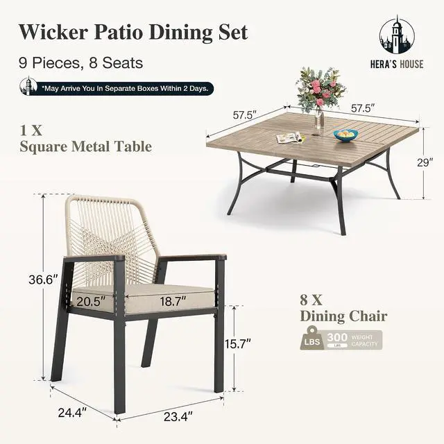 Alt view image 6 of 7 - HERA'S HOUSE Patio Dining Set for 8, Metal Square Table & Rattan Chairs | 8 cushioned chairs + steel table. Waterproof, stain-resistant & wipe-clean. Ideal for Outdoor, backyard & poolside.