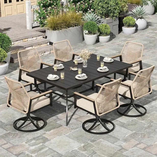 Main image of HERA'S HOUSE 7pc Patio Dining Set, 59" Metal Table & Swivel Rattan Chairs | Rectangular table with umbrella hole, cushioned chairs. Waterproof, rust-resistant, all-weather for backyard, porch.