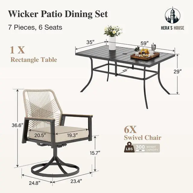 Alt view image 5 of 7 - HERA'S HOUSE 7pc Patio Dining Set, 59" Metal Table & Swivel Rattan Chairs | Rectangular table with umbrella hole, cushioned chairs. Waterproof, rust-resistant, all-weather for backyard, porch.