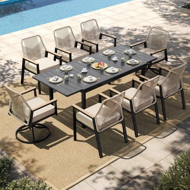 Main image of HERA'S HOUSE 7pc Patio Dining Set, Extendable Metal Table, Rattan Chairs | 61-84" rectangular table, 2 swivel wicker cushioned chairs. Waterproof, rust-resistant, all-weather for backyard, porch