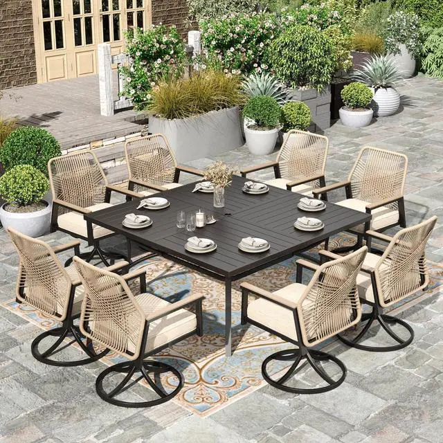 Main image of HERA'S HOUSE 9pc Patio Dining Set, 57.5" Metal Table & Swivel Rattan Chairs | Square table with umbrella hole, 8 cushioned chairs. Waterproof, rust-resistant, all-weather for backyard, porch.