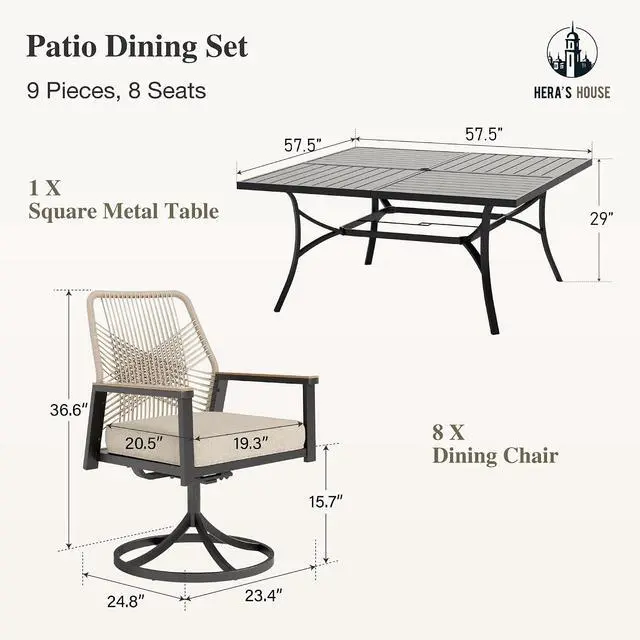 Alt view image 6 of 7 - HERA'S HOUSE 9pc Patio Dining Set, 57.5" Metal Table & Swivel Rattan Chairs | Square table with umbrella hole, 8 cushioned chairs. Waterproof, rust-resistant, all-weather for backyard, porch.