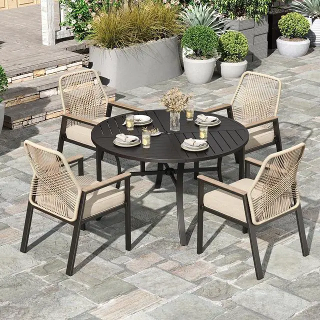 Main image of HERA'S HOUSE 5pc Patio Dining Set, 42" Round Table & 4 Rattan Chairs | Metal table with umbrella hole, cushioned chairs. Waterproof, rust-resistant, all-weather for backyard, porch.
