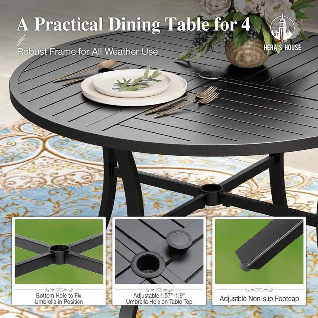 Alt view image 4 of 7 - HERA'S HOUSE 5pc Patio Dining Set, 42" Round Table & 4 Rattan Chairs | Metal table with umbrella hole, cushioned chairs. Waterproof, rust-resistant, all-weather for backyard, porch.