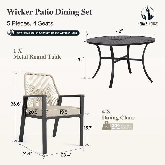 Alt view image 6 of 7 - HERA'S HOUSE 5pc Patio Dining Set, 42" Round Table & 4 Rattan Chairs | Metal table with umbrella hole, cushioned chairs. Waterproof, rust-resistant, all-weather for backyard, porch.