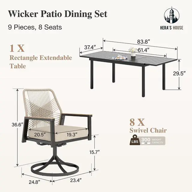 Alt view image 2 of 7 - HERA'S HOUSE Swivel Patio Dining Set, Extendable Metal Table, Rattan Chairs | 61-84" rectangular table, 8 wicker cushioned chairs. Waterproof, rust-resistant, all-weather for backyard, porch
