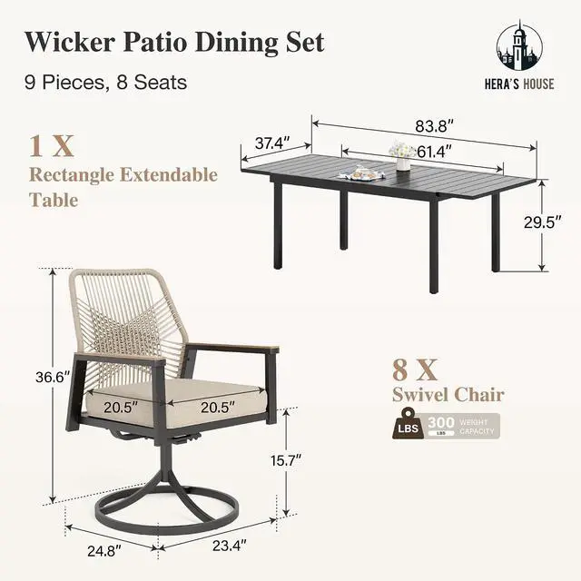 Alt view image 5 of 7 - HERA'S HOUSE Swivel Patio Dining Set, Extendable Metal Table, Rattan Chairs | 61-84" rectangular table, 8 wicker cushioned chairs. Waterproof, rust-resistant, all-weather for backyard, porch