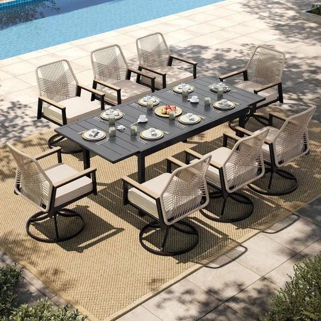 Main image of HERA'S HOUSE Swivel Patio Dining Set, Extendable Metal Table, Rattan Chairs | 61-84" rectangular table, 8 wicker cushioned chairs. Waterproof, rust-resistant, all-weather for backyard, porch