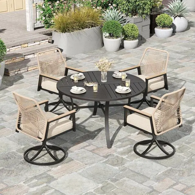 Main image of HERA'S HOUSE 5pc Patio Dining Set, 42" Round Table & Swivel Rattan Chairs | Metal table with umbrella hole, cushioned chairs. Waterproof, rust-resistant, all-weather for backyard, porch.