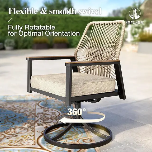 Alt view image 6 of 7 - HERA'S HOUSE 7pc Patio Dining Set, 59" Metal Table & Swivel Rattan Chairs | Rectangular table with umbrella hole, cushioned chairs. Waterproof, rust-resistant, all-weather for backyard, porch.