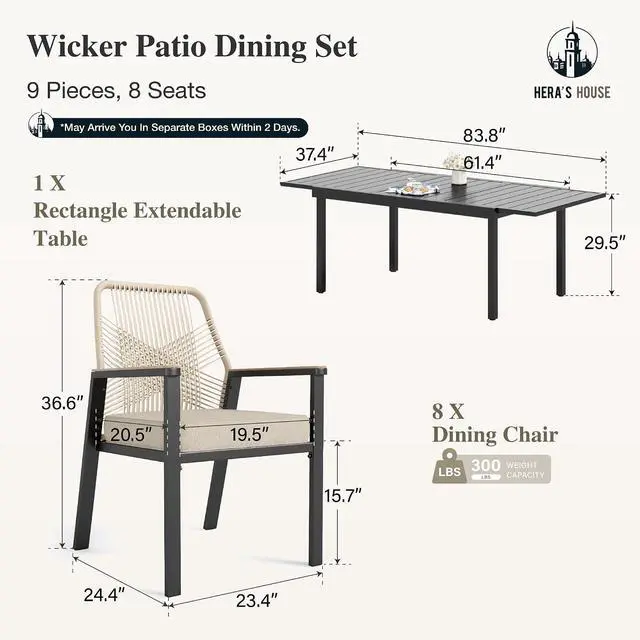 Alt view image 2 of 7 - HERA'S HOUSE 9pc Patio Dining Set, Extendable Metal Table, Rattan Chairs | 61-84" rectangular table, 8 wicker cushioned chairs. Waterproof, rust-resistant, all-weather for backyard, porch