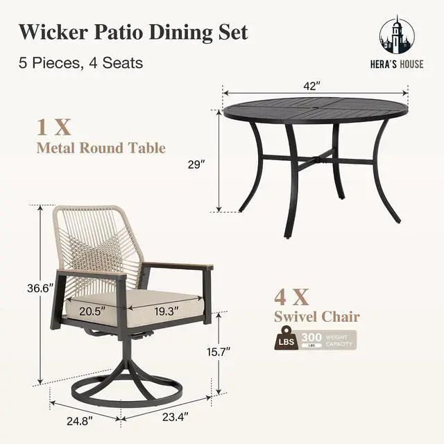 Alt view image 7 of 7 - HERA'S HOUSE 5pc Patio Dining Set, 42" Round Table & Swivel Rattan Chairs | Metal table with umbrella hole, cushioned chairs. Waterproof, rust-resistant, all-weather for backyard, porch.