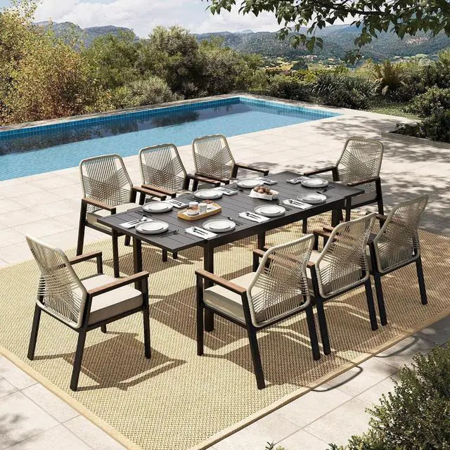 Main image of HERA'S HOUSE 9pc Patio Dining Set, Extendable Metal Table, Rattan Chairs | 61-84" rectangular table, 8 wicker cushioned chairs. Waterproof, rust-resistant, all-weather for backyard, porch