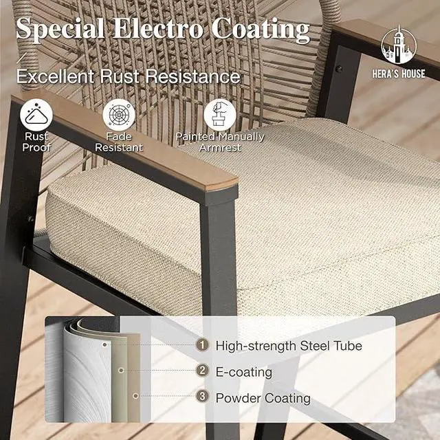 Alt view image 3 of 7 - HERA'S HOUSE Patio Dining Set for 8, Metal Square Table & Rattan Chairs | 8 cushioned chairs + steel table. Waterproof, stain-resistant & wipe-clean. Ideal for Outdoor, backyard & poolside.