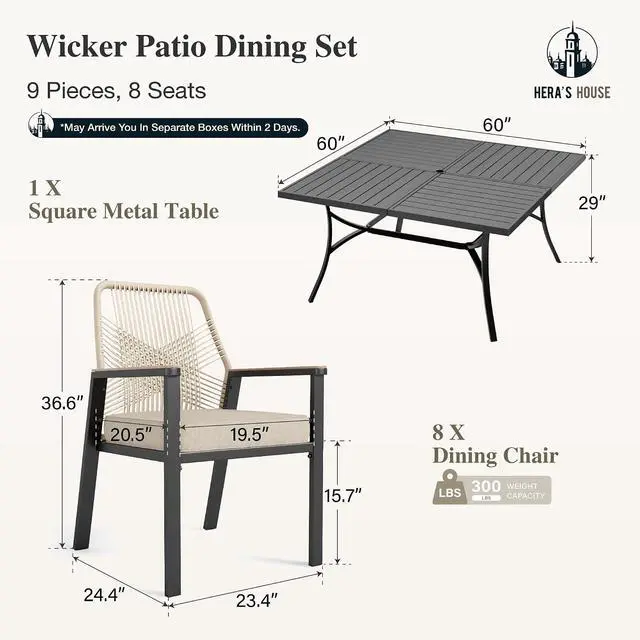 Alt view image 6 of 7 - HERA'S HOUSE 9pc Patio Dining Set, 57.5" Metal Table & Rattan Chairs | Square table with umbrella hole, 8 cushioned chairs. Waterproof, rust-resistant, all-weather for backyard, porch.