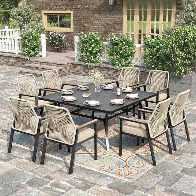 Main image of HERA'S HOUSE 9pc Patio Dining Set, 57.5" Metal Table & Rattan Chairs | Square table with umbrella hole, 8 cushioned chairs. Waterproof, rust-resistant, all-weather for backyard, porch.