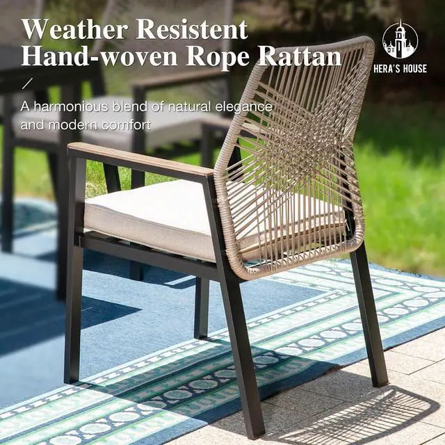 Alt view image 7 of 7 - HERA'S HOUSE 7pc Patio Dining Set, Extendable Metal Table, Rattan Chairs | 61-84" rectangular table, 6 wicker cushioned chairs. Waterproof, rust-resistant, all-weather for backyard, porch