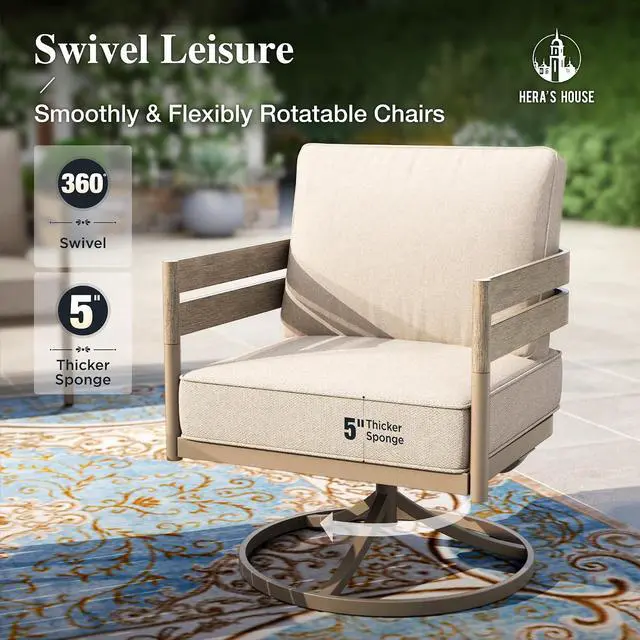 Alt view image 5 of 7 - HERA'S HOUSE 4-Piece Metal Patio Conversation Set, Swivel Chairs, Beige | Nesting Coffee Table