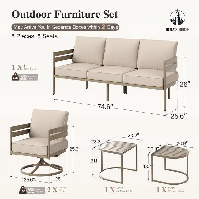 Alt view image 7 of 7 - HERA'S HOUSE 4-Piece Metal Patio Conversation Set, Swivel Chairs, Beige | Nesting Coffee Table