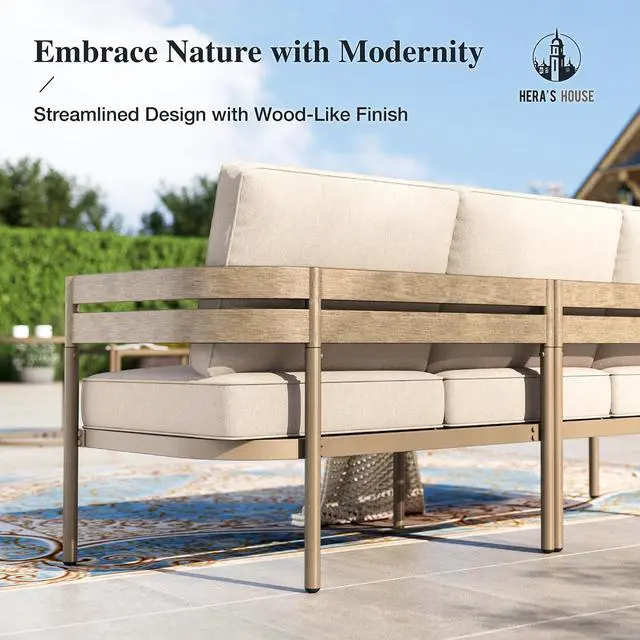 Alt view image 6 of 7 - HERA'S HOUSE 4-Piece Metal Patio Conversation Set, Swivel Chairs, Beige | Nesting Coffee Table
