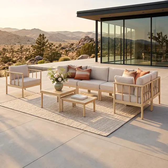 Main image of HERA'S HOUSE Acacia Wood Patio Sectional Set, 5-Seat, Modular Design, Beige | All-Weather, For Garden, Backyard