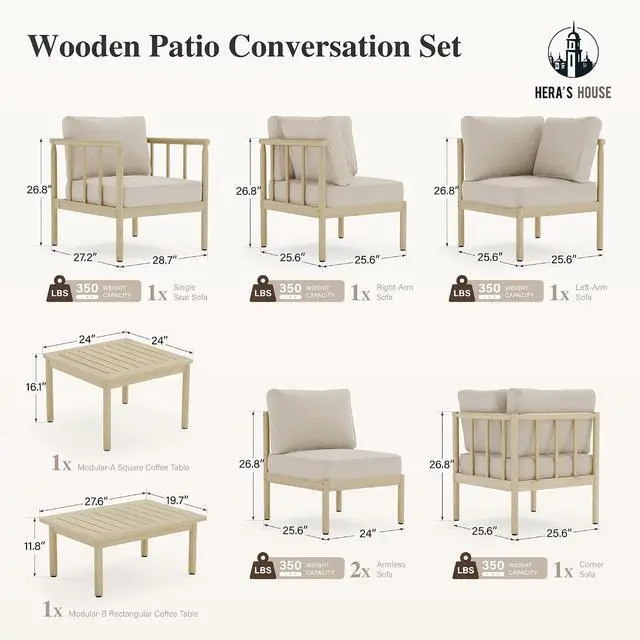 Alt view image 7 of 7 - HERA'S HOUSE Acacia Wood Patio Sectional Set, 5-Seat, Modular Design, Beige | All-Weather, For Garden, Backyard