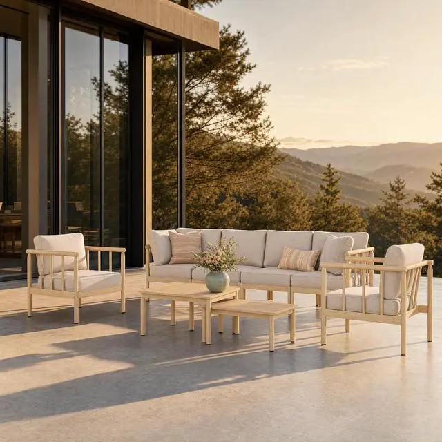 Main image of HERA'S HOUSE Acacia Wood Patio Sectional Set, 4-Seat, Modular Design, Beige | All-Weather, For Garden, Backyard