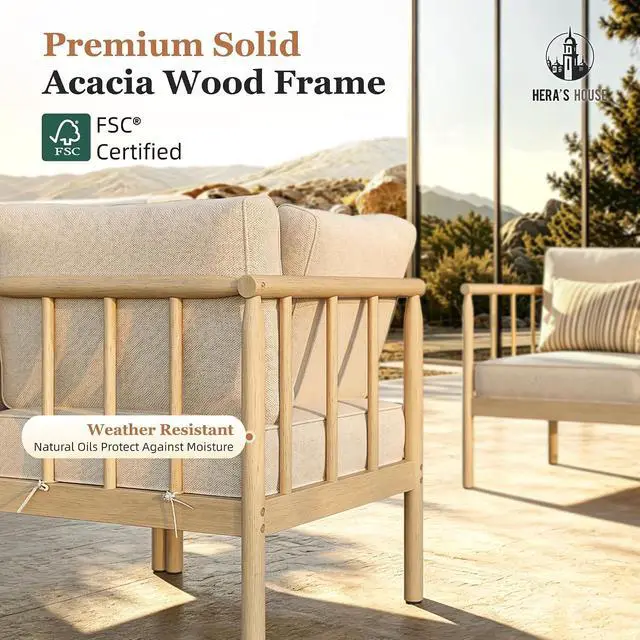 Alt view image 3 of 7 - HERA'S HOUSE Acacia Wood Patio Sectional Set, 6-Seat, Modular Design, Beige | All-Weather, For Garden, Backyard
