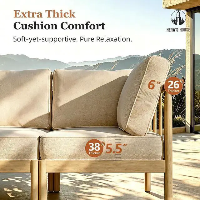 Alt view image 4 of 7 - HERA'S HOUSE Acacia Wood Patio Sectional Set, 6-Seat, Modular Design, Beige | All-Weather, For Garden, Backyard