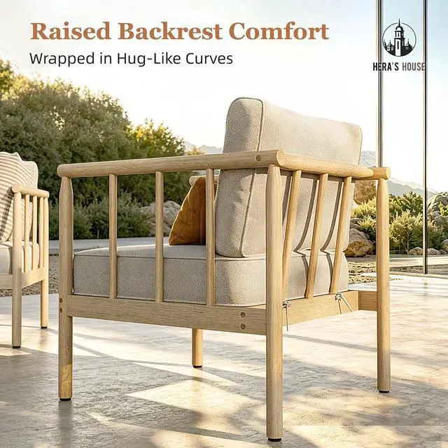 Alt view image 6 of 7 - HERA'S HOUSE Acacia Wood Patio Sectional Set, 6-Seat, Modular Design, Beige | All-Weather, For Garden, Backyard