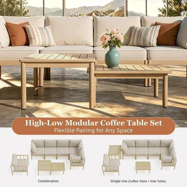 Alt view image 7 of 7 - HERA'S HOUSE Acacia Wood Patio Sectional Set, 6-Seat, Modular Design, Beige | All-Weather, For Garden, Backyard