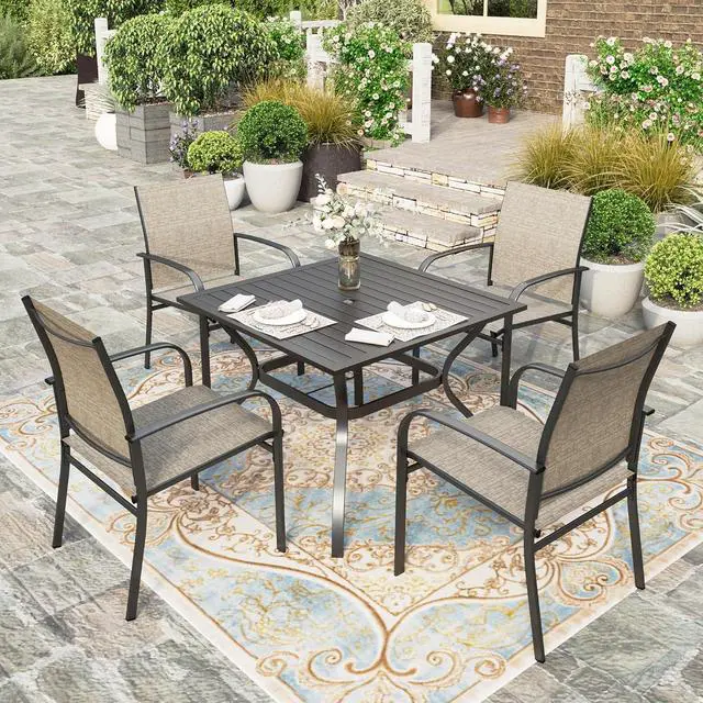 Main image of HERA'S HOUSE Patio Table and Chairs for 4, Outdoor Dining Set, Brown | 37" square metal dining table with textilene Chairs, Rust-resistant all-weather for Lawn Garden Backyard