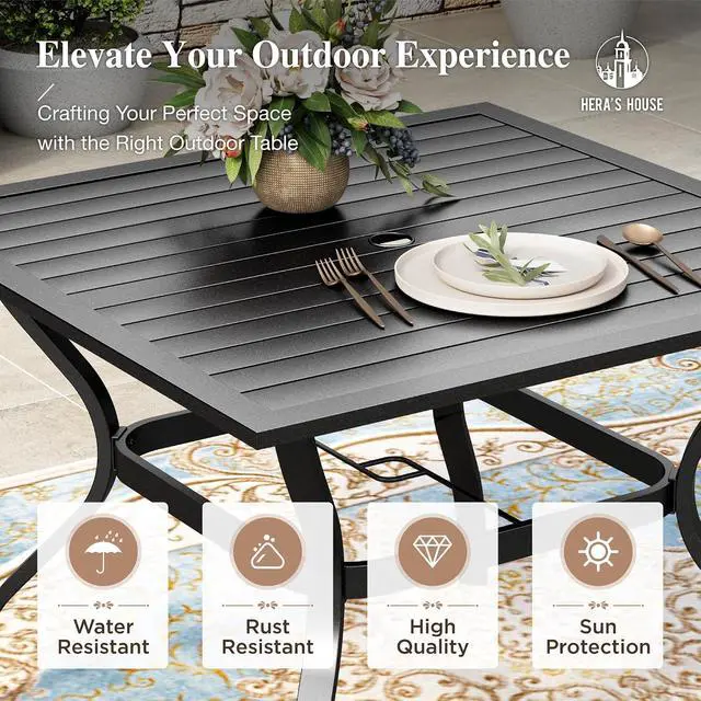 Alt view image 5 of 7 - HERA'S HOUSE Patio Table and Chairs for 4, Outdoor Dining Set, Brown | 37" square metal dining table with textilene Chairs, Rust-resistant all-weather for Lawn Garden Backyard