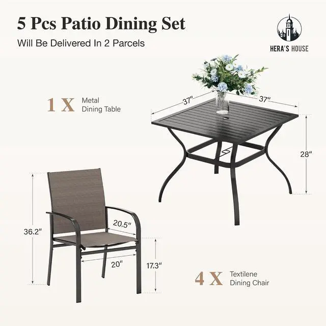 Alt view image 6 of 7 - HERA'S HOUSE Patio Table and Chairs for 4, Outdoor Dining Set, Brown | 37" square metal dining table with textilene Chairs, Rust-resistant all-weather for Lawn Garden Backyard