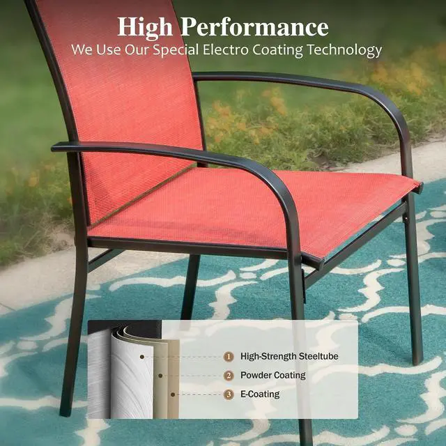 Alt view image 3 of 7 - HERA'S HOUSE 7pc Outdoor Patio Dining Set, 6 Textilene Chairs, Red | 67" rectangular metal table with umbrella hole. Waterproof, rust-resistant, all-weather for backyard, porch