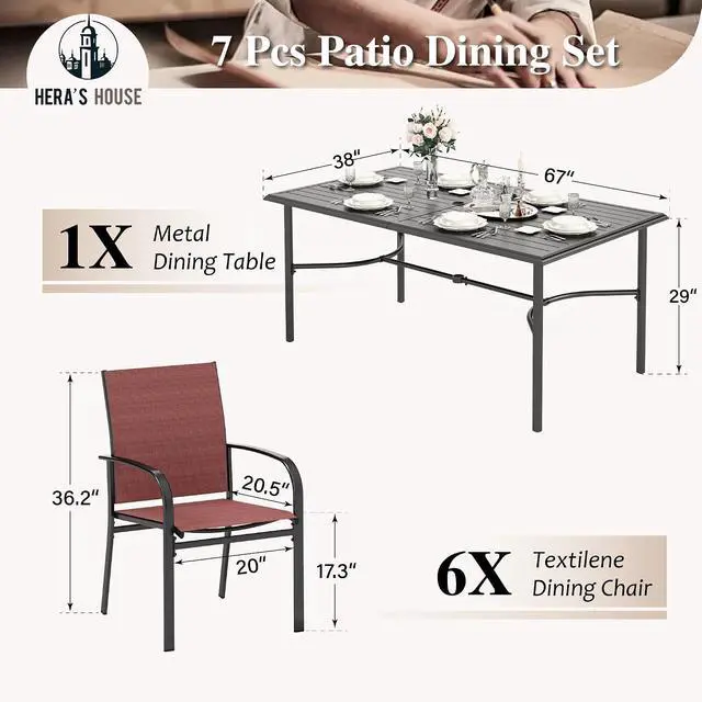 Alt view image 6 of 7 - HERA'S HOUSE 7pc Outdoor Patio Dining Set, 6 Textilene Chairs, Red | 67" rectangular metal table with umbrella hole. Waterproof, rust-resistant, all-weather for backyard, porch