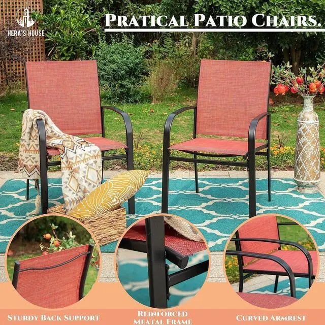 Alt view image 5 of 7 - HERA'S HOUSE 7pc Outdoor Patio Dining Set, 6 Textilene Chairs, Red | 67" rectangular metal table with umbrella hole. Waterproof, rust-resistant, all-weather for backyard, porch