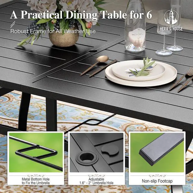 Alt view image 4 of 7 - HERA'S HOUSE 7pc Patio Dining Set, 60" Metal Table, Textilene Chairs | Rectangular table with umbrella hole+ 6 brown chairs. Waterproof, rust-resistant, all-weather for backyard, porch