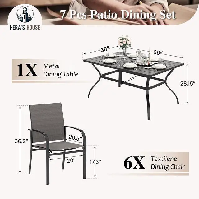 Alt view image 6 of 7 - HERA'S HOUSE 7pc Patio Dining Set, 60" Metal Table, Textilene Chairs | Rectangular table with umbrella hole+ 6 brown chairs. Waterproof, rust-resistant, all-weather for backyard, porch