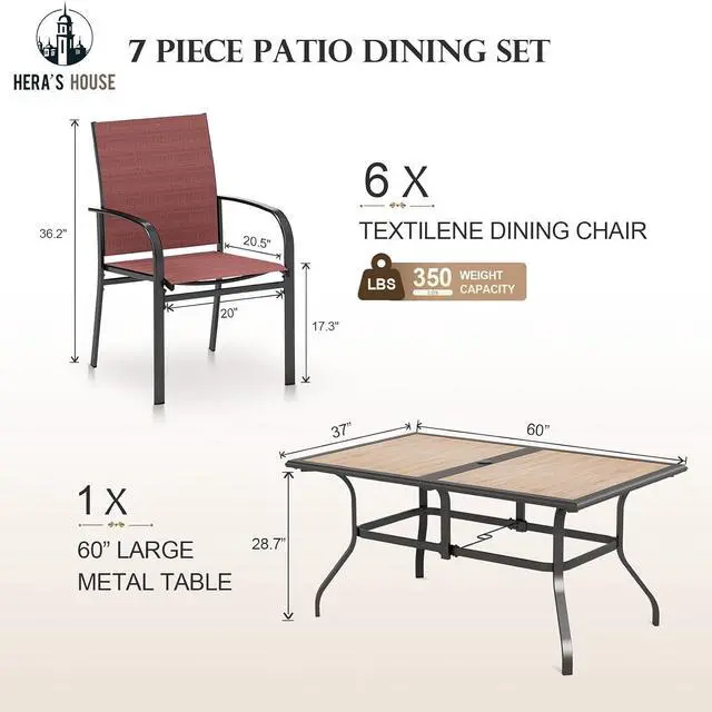 Alt view image 2 of 7 - HERA'S HOUSE 7pc Patio Dining Set, Metal Table with PVC Top, Red Chairs | 60" rectangular table with umbrella hole, 6 textilene chairs. Waterproof, rust-resistant, all-weather for yard, porch
