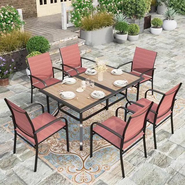 Main image of HERA'S HOUSE 7pc Patio Dining Set, Metal Table with PVC Top, Red Chairs | 60" rectangular table with umbrella hole, 6 textilene chairs. Waterproof, rust-resistant, all-weather for yard, porch