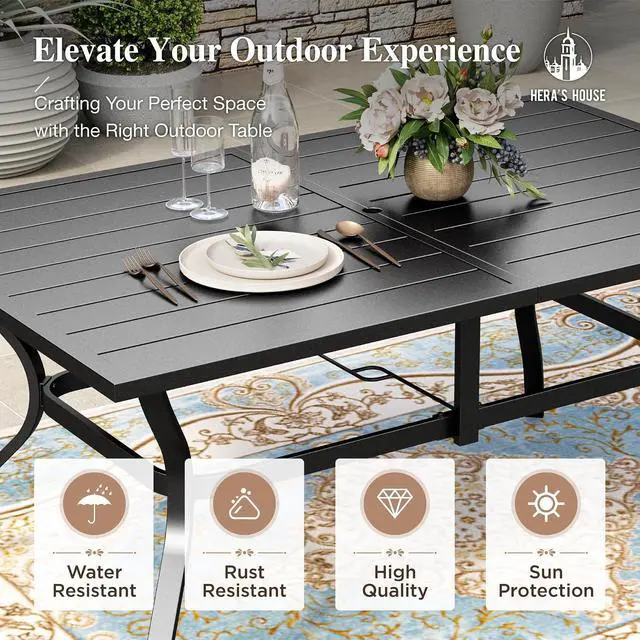 Alt view image 5 of 7 - HERA'S HOUSE 7pc Patio Dining Set, 60" Metal Table, Textilene Chairs | Rectangular table with umbrella hole+ 6 brown chairs. Waterproof, rust-resistant, all-weather for backyard, porch