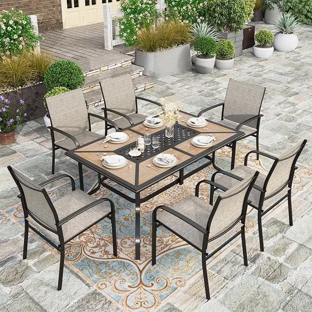 Main image of HERA'S HOUSE 7pc Patio Dining Set, Metal Table with PVC Top, Brown Chairs | 60" rectangular table with umbrella hole, 6 textilene chairs. Waterproof, rust-resistant, all-weather for yard, porch